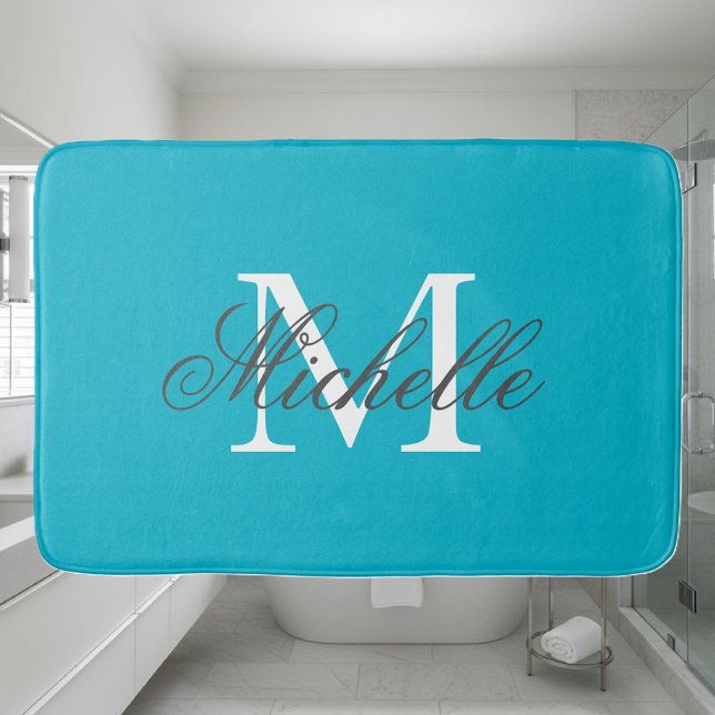 Alfombrilla De Baño Estera de baño grande del monograma del nombre de (turquoise blue bath mat with monogram)