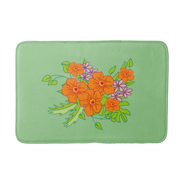 Alfombrilla De Baño Estera de baño verde salado con flor naranja, (Anverso)