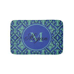 Alfombrilla De Baño Estilo de damasco en relieve azul turquesa con mon