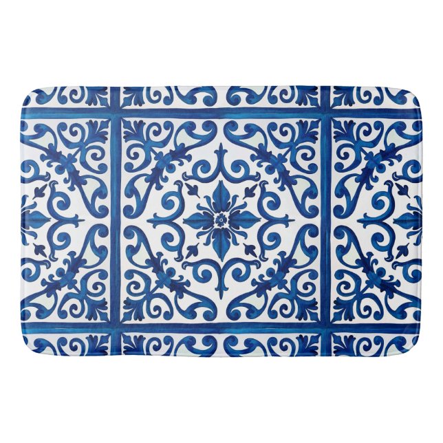 Alfombrilla De Baño estilo italiano, mediterráneo, mosaico, azul, (Anverso)