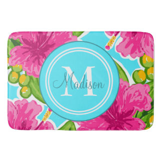 Alfombrilla De Baño Estilo Preppy de moda Hibiscus Monograma Nombre