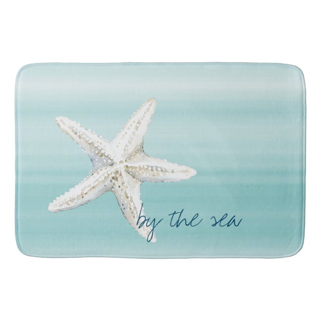Alfombrilla De Baño Estrella de mar azul acuático blanca       (Anverso)