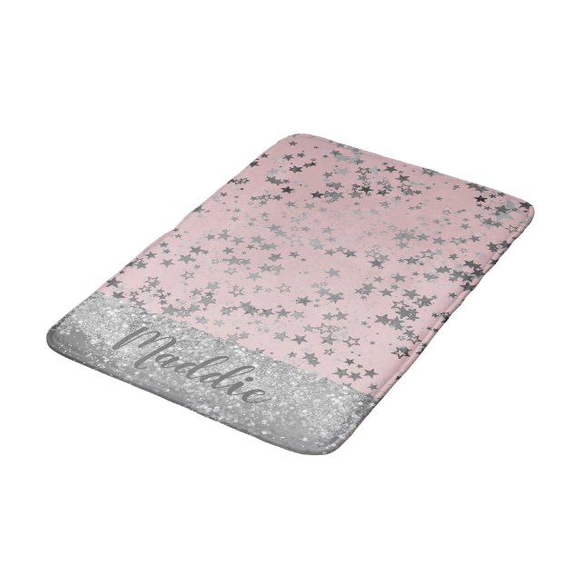 Alfombrilla De Baño Estrellas de plata Purpurinoso sobre rosa personal (Angular)