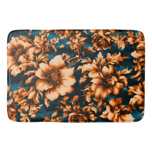 Alfombrilla De Baño Exquisitas y lujosas flores doradas, hojas en azul (Anverso)