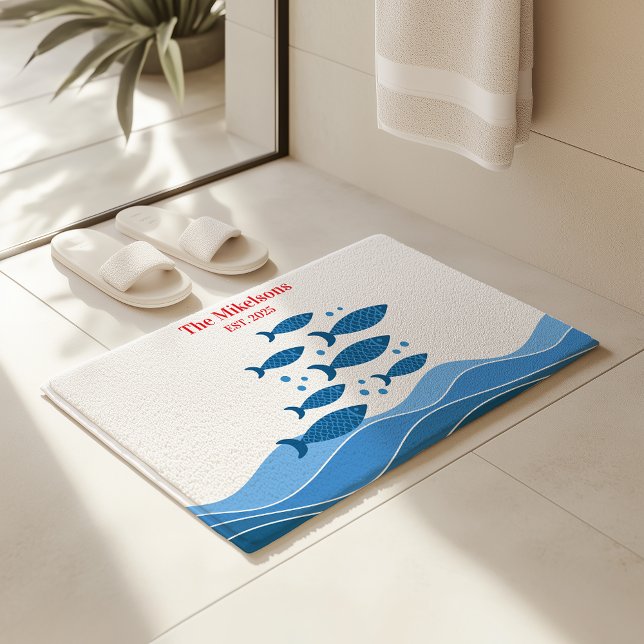 Alfombrilla De Baño Familia personalizada Pescado costero azul moderno (Subido por el creador)