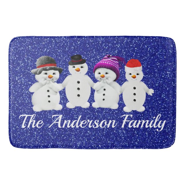 Alfombrilla De Baño Family of Four Snowmen Blue Sparkle Winter     (Anverso)