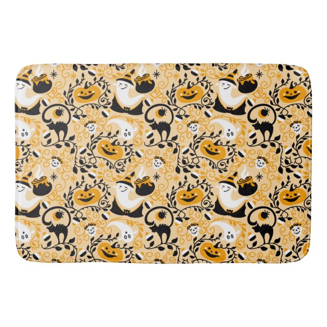 Alfombrilla De Baño Fantasma, calabazas y gatos negros (Anverso)