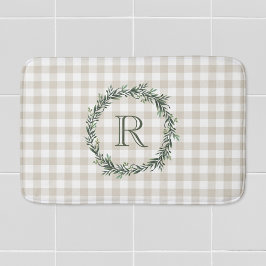 Alfombrilla De Baño Farmhouse Beige Buffalo Check Monogrammed Wreath