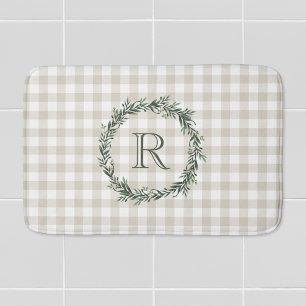 Alfombrilla De Baño Farmhouse Beige Buffalo Check Monogrammed Wreath