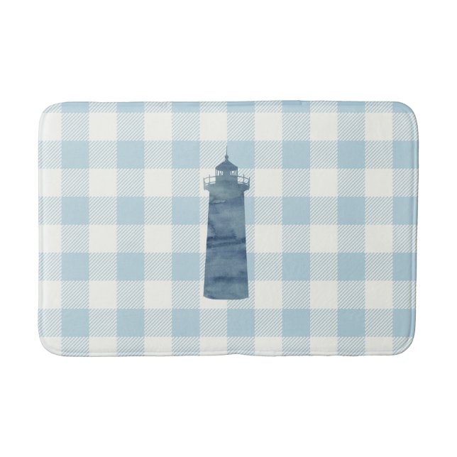 Alfombrilla De Baño Faro Náutico Azul Gingham Check Costa (Anverso)