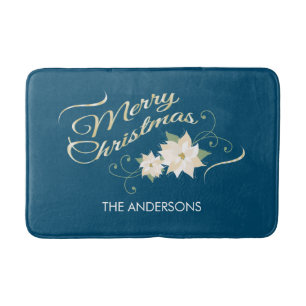 Alfombrilla De Baño Felices Navidad, Poinsettia blanco, personalizado