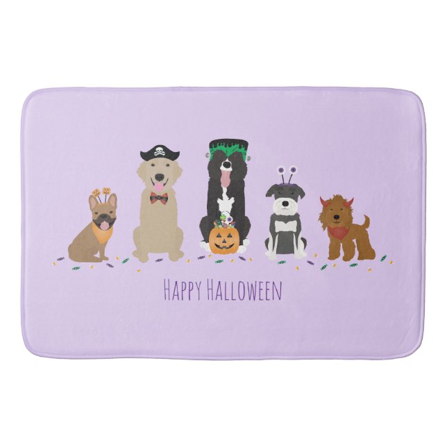 Alfombrilla De Baño Feliz morado de perros de Halloween (Anverso)