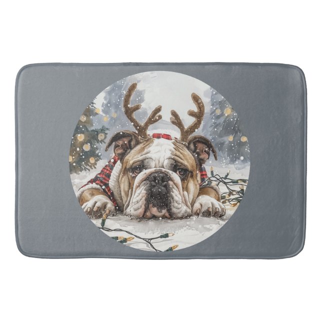 Alfombrilla De Baño Feliz Navidad Bulldog inglés reno (Anverso)