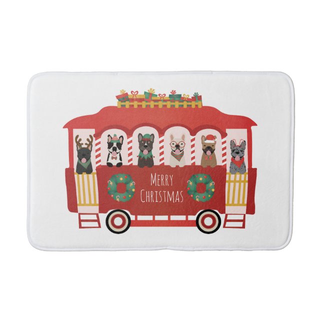 Alfombrilla De Baño Feliz Navidad Bulldoges franceses Holiday Trolly (Anverso)