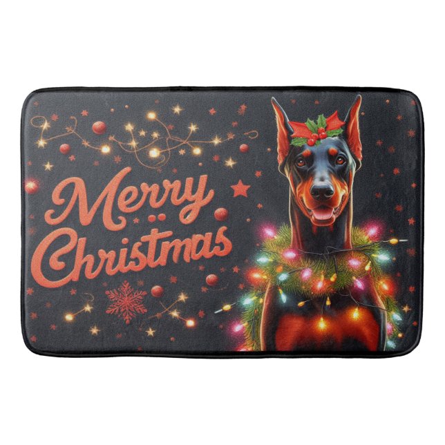 Alfombrilla De Baño Feliz Navidad Doberman Perro Twinkling Noches Luce (Anverso)