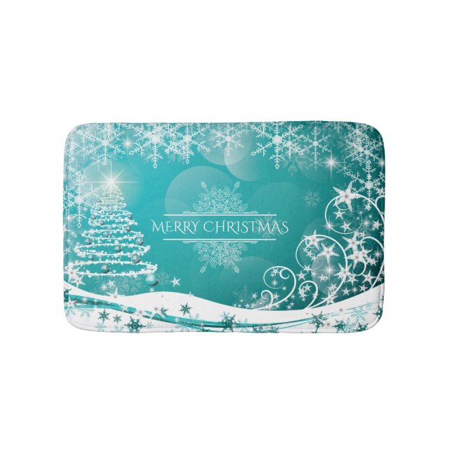 Alfombrilla De Baño Feliz Navidad Flores de árbol de nieve y estrellas (Anverso)