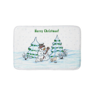 Alfombrilla De Baño ¡Feliz Navidad! Hombre de nieve con gato y cachorr