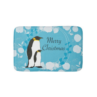 Alfombrilla De Baño feliz navidad, navidad, pingüino, flores