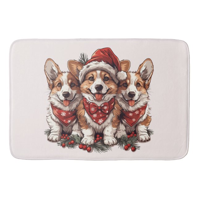 Alfombrilla De Baño Feliz Navidad Pembroke Corgi galés cachorros (Anverso)