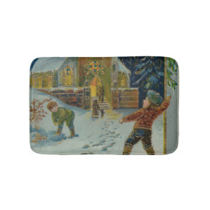 Alfombrilla De Baño Feliz Navidad - Tarjeta postal vintage de pelea de