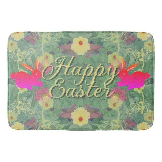 Alfombrilla De Baño Feliz Pascua con Bunnies Floral Green Bath Mat (Anverso)