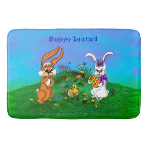 Alfombrilla De Baño ¡Feliz Pascua! Conejo con conejo y pollo