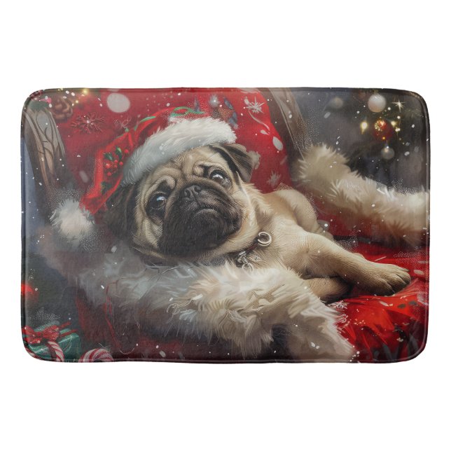 Alfombrilla De Baño Fiesta Navideña de Perros Pug (Anverso)