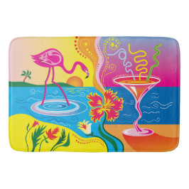 Alfombrilla De Baño Flamenco Rosa y Cóctel de Verano