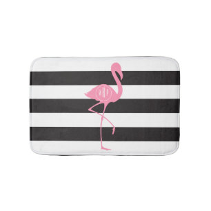 Alfombrilla De Baño Flamenco rosado con monograma + Negro + Rayas