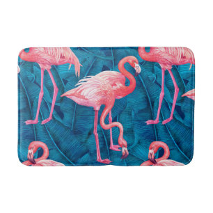 Alfombrilla De Baño Flamencos en hojas azules de banano