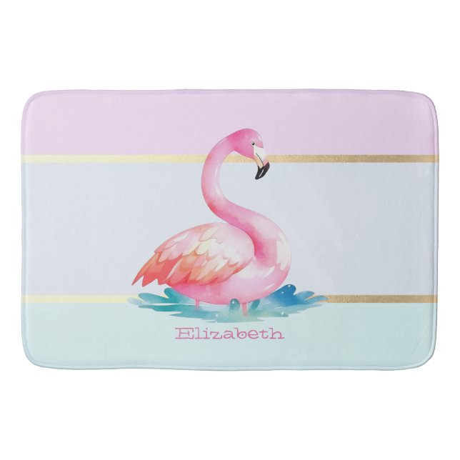 Alfombrilla De Baño Flamencos rosados con rayas pastel modernas (Anverso)