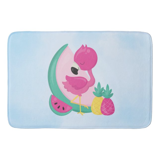 Alfombrilla De Baño Flamingo rosa con sandía y piña (Anverso)