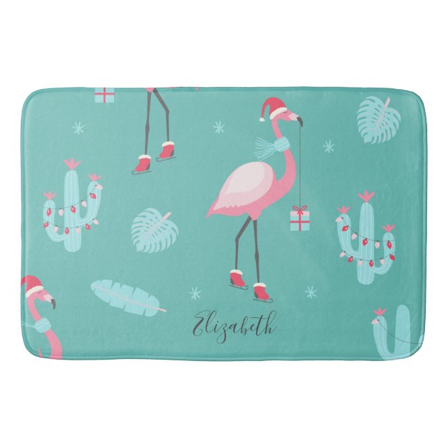 Alfombrilla De Baño Flamingos Santa Hat presenta copos de nieve (Anverso)