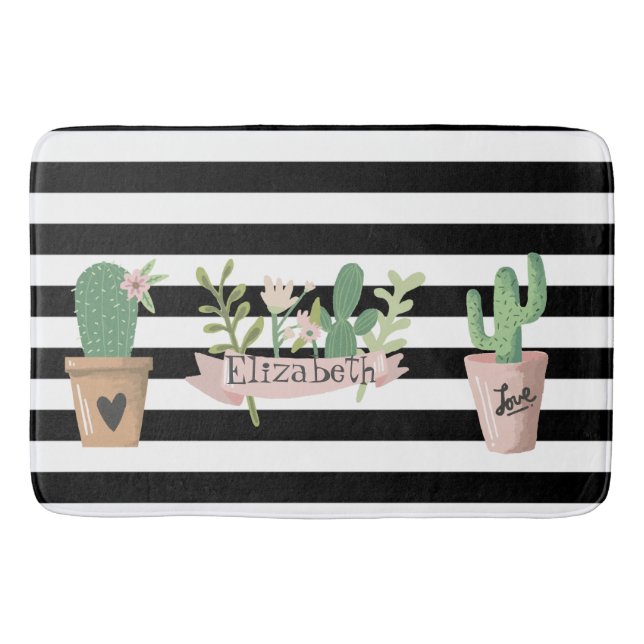 Alfombrilla De Baño Flor de Cactus Rayas Blancas y Negras (Anverso)
