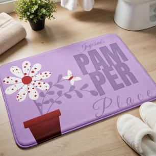 Alfombrilla De Baño Flor de lunares morados blancos y rojos