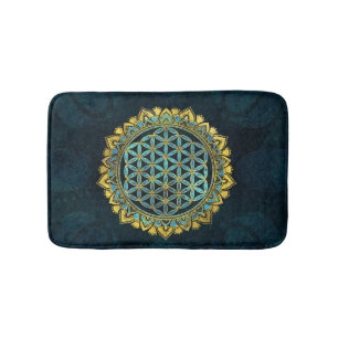 Alfombrilla De Baño Flor del oro de la vida al vidrio azul de la