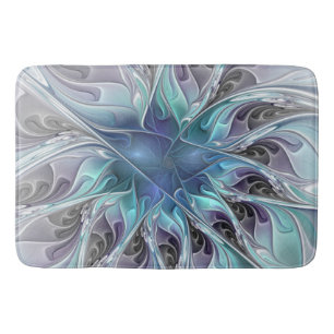Alfombrilla De Baño Flor Fractal Moderna Con Azul