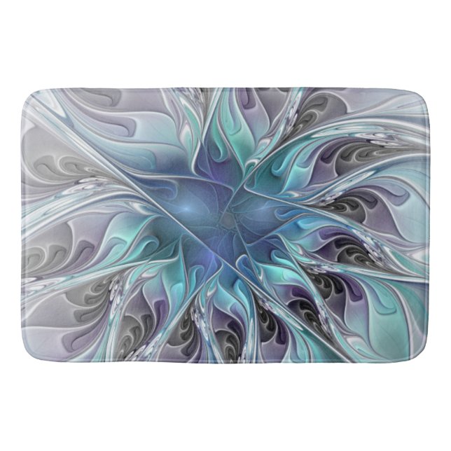Alfombrilla De Baño Flor Fractal Moderna Con Azul (Anverso)