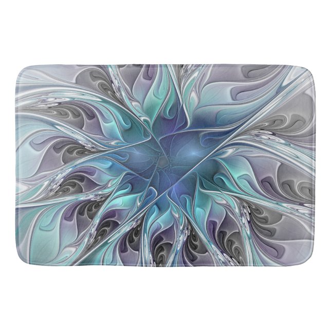 Alfombrilla De Baño Flor Fractal Moderna Con Azul (Anverso)