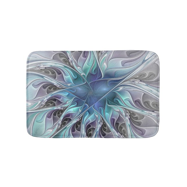 Alfombrilla De Baño Flor Fractal Moderna Con Azul (Anverso)