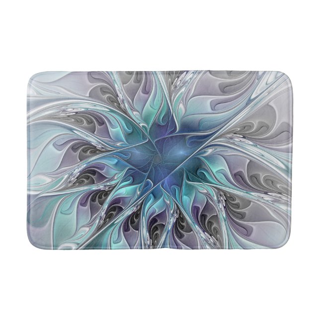 Alfombrilla De Baño Flor Fractal Moderna Con Azul (Anverso)