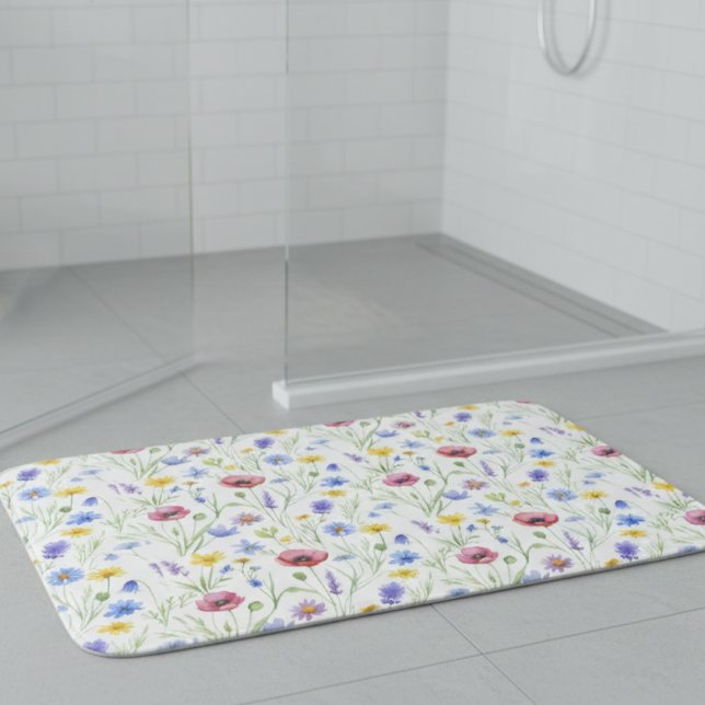 Alfombrilla De Baño Flor silvestre acuarela azul rojo (Subido por el creador)