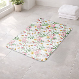 Alfombrilla De Baño Flor Silvestre Acuarela Rosa Verde