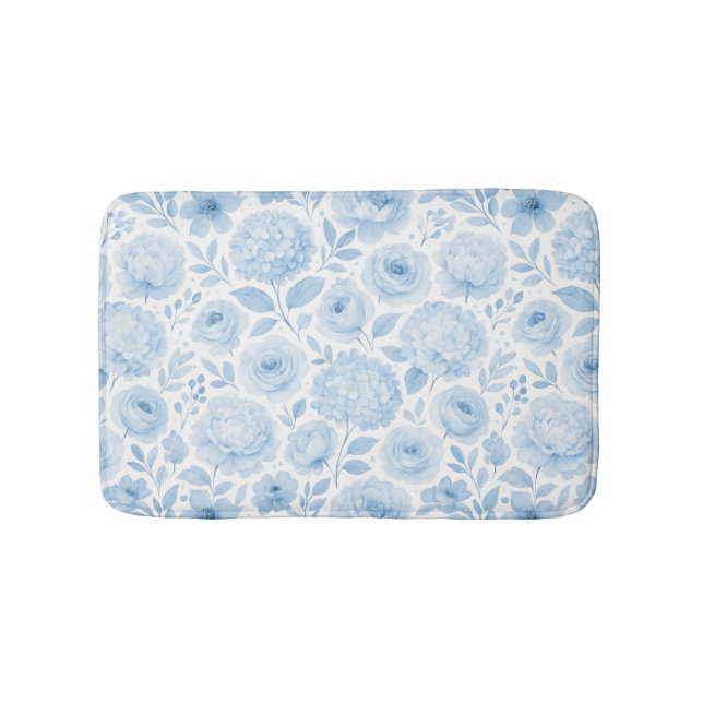 Alfombrilla De Baño Floral Acuarela Azul Blanco (Anverso)