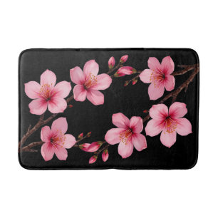 Alfombrilla De Baño Floral acuarela Cerezos en flor negro rosado
