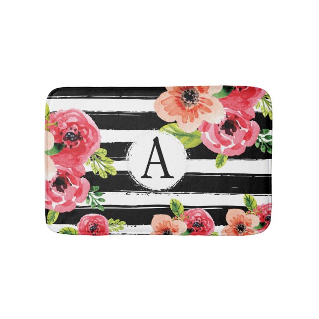 Alfombrilla De Baño Floral acuática con franjas y monograma (Anverso)