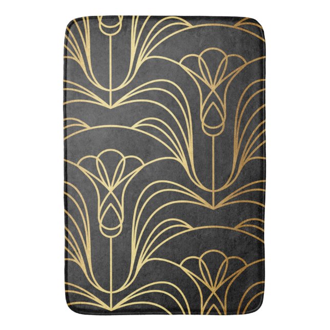 Alfombrilla De Baño Floral Art Déco. Negro y oro (Frente vertical)