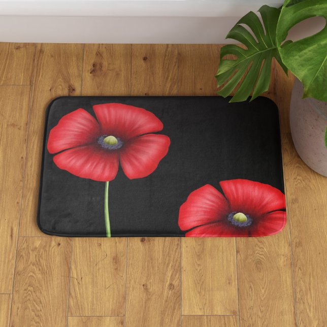 Alfombrilla De Baño Floral Black and Red Poppies Bath Mat (Pop this poppy bath mat in your bathroom for a lovely pop of color)