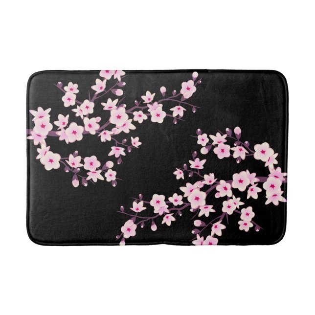Alfombrilla De Baño Floral Cerezo en flor en flor PINK negro (Anverso)