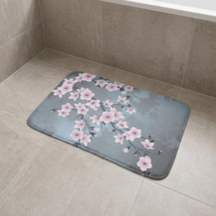 Alfombrilla De Baño Floral Cerezo Rosa Opaco Azul Grisáceo